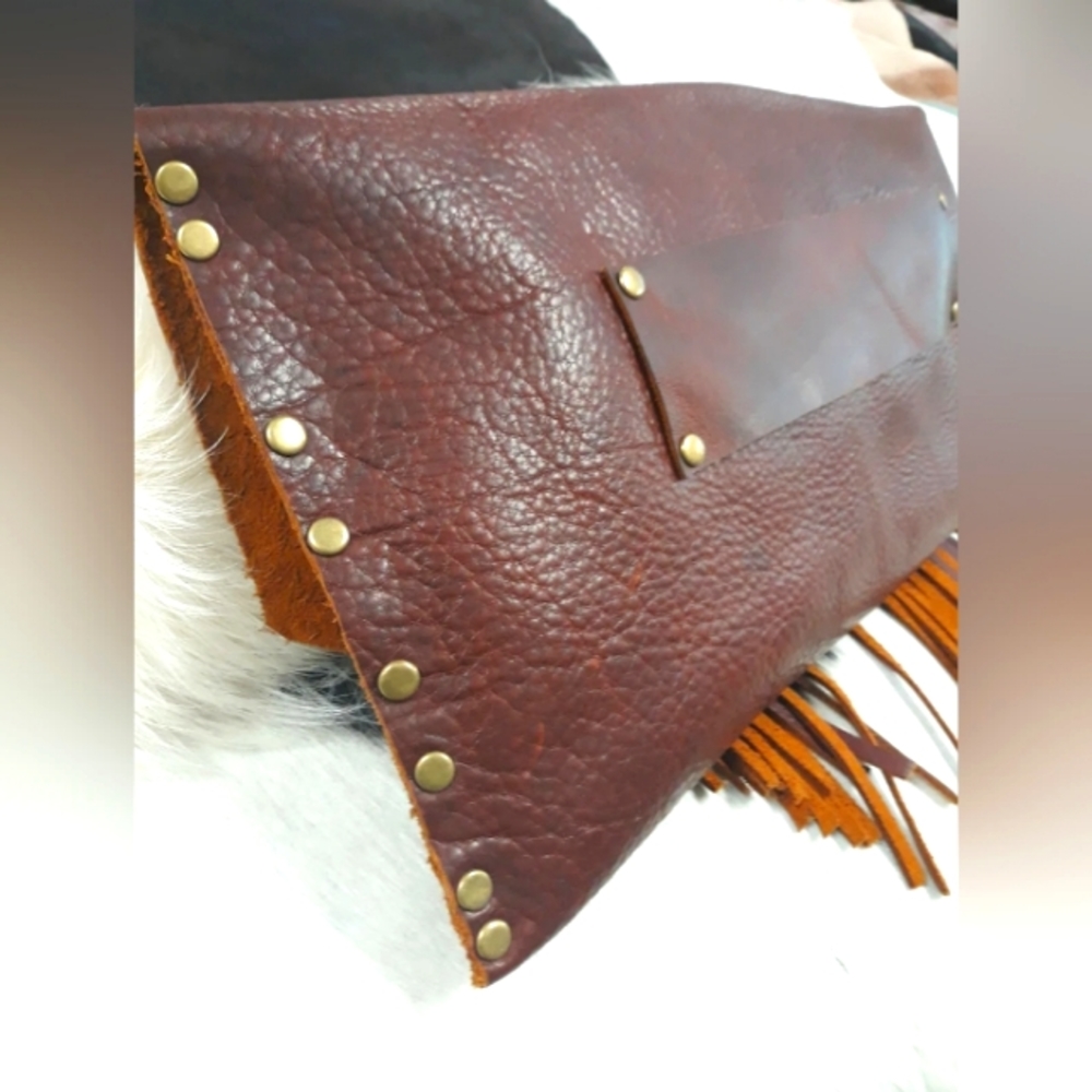 Brown Boho Style Leather Clutch Bag w/ Tassel Detail/ Handcrafted by J.Monique - Picture 3 of 5